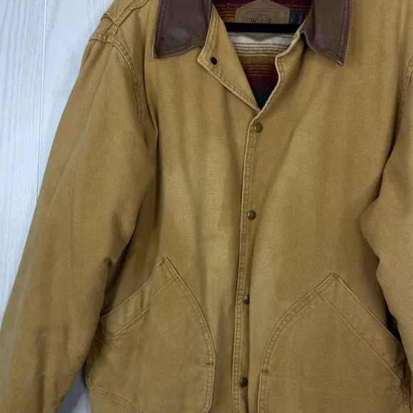Woolrich Mens VTG Chore Jacket Tan Canvas Leather Collar Striped Lined L - Picture 3 of 9